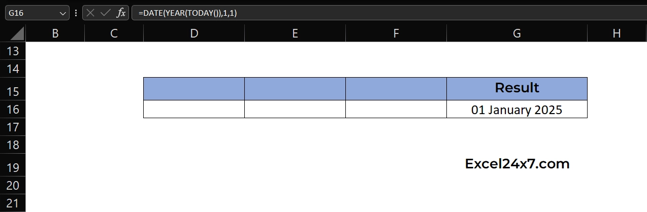 The simple formula display the first day of the present year using date function.