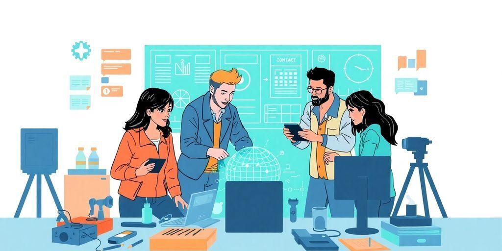Diverse engineers collaborating in a tech workspace.